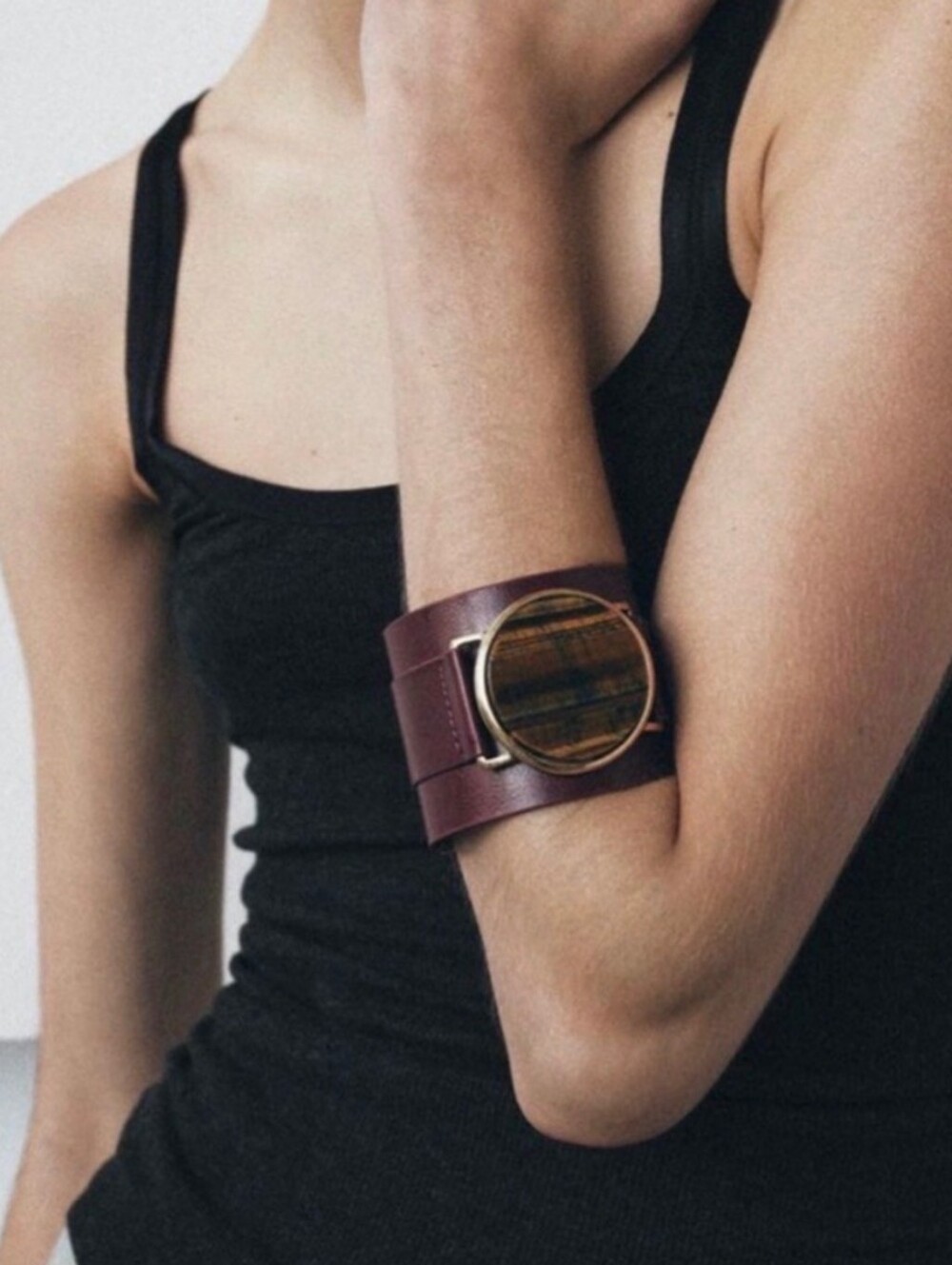 Zara Wide Brown Leather Cuff Bracelet with Gold Round Stone Accent